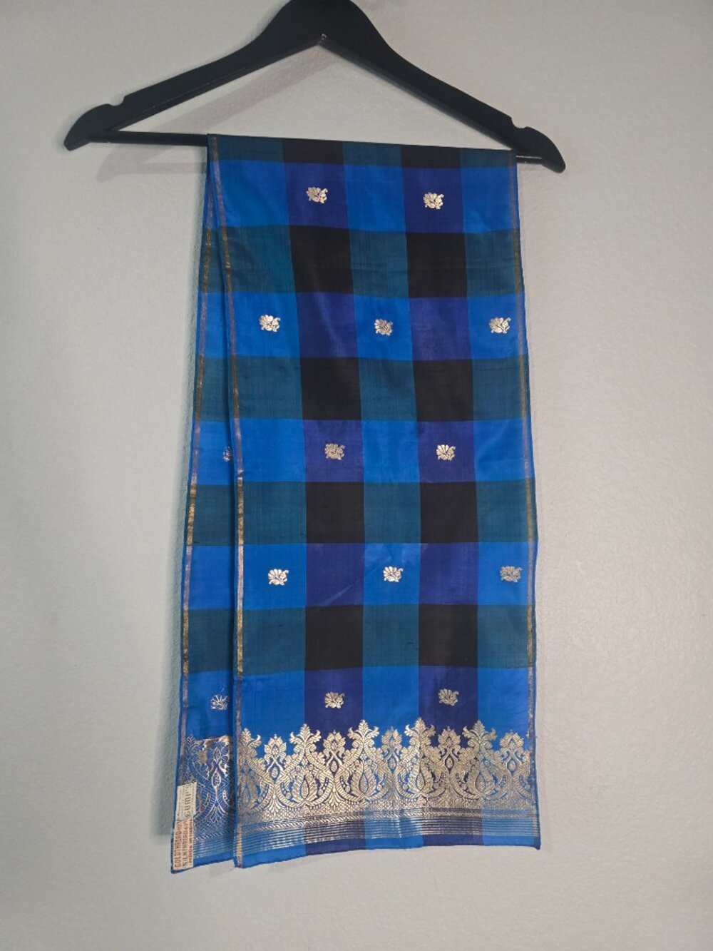 Vintage Gump's San Francisco Blue Silk Gold Thread Indian Wrap Scarf